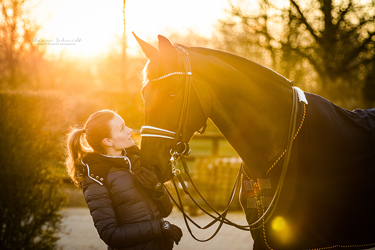 Reiterin steht neben ihrem Pferd im Sonnenuntergang